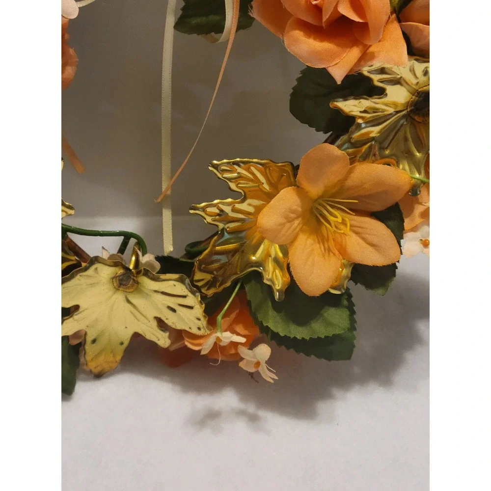 Vtg retro 80s Floral Wreath‎ Unisex OS Peach Gold Shabby Chic Heart Wall Decor